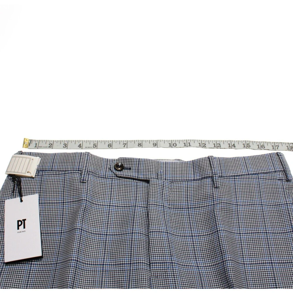 PT Torino NWT Dress Pants Size 50 (US 34) Slim Fit Super 100's Blue Check Wool